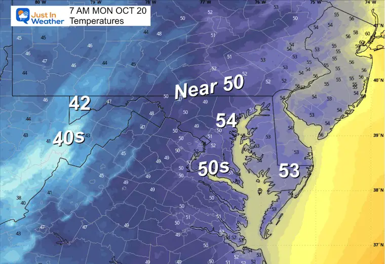 October 19 weather temperatures Monday morning