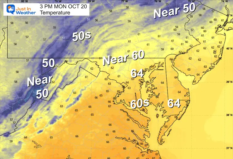October 20 weather forecast temperatures Monday afternoon