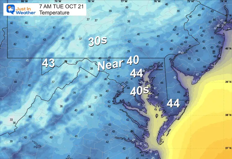 October 20 weather forecast temperatures Tuesday morning