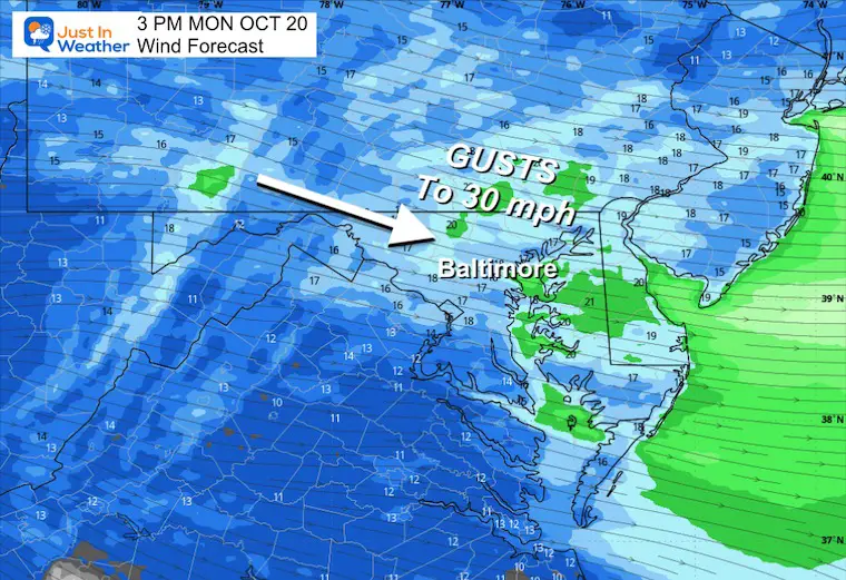 October 20 weather forecast winds Monday afternoon