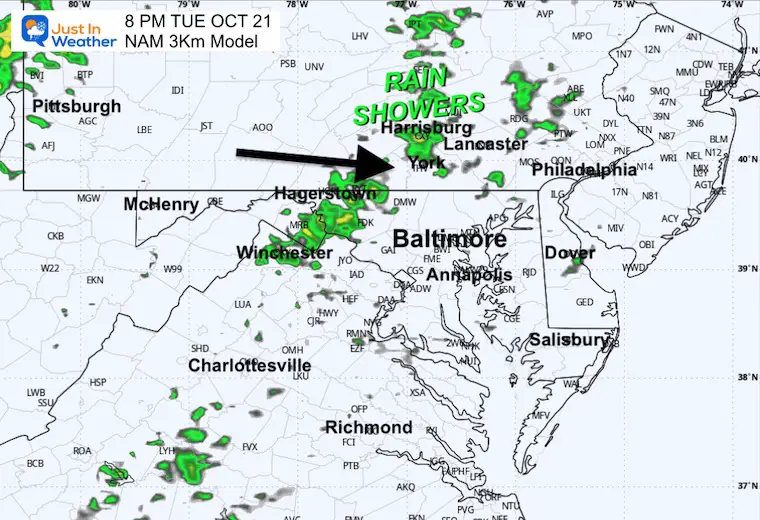 October 21 weather rain radar forecast Tuesday 8 PM