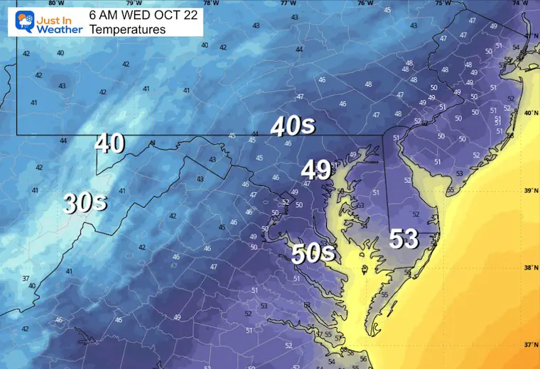 October 21 weather temperatures Wednesday morning