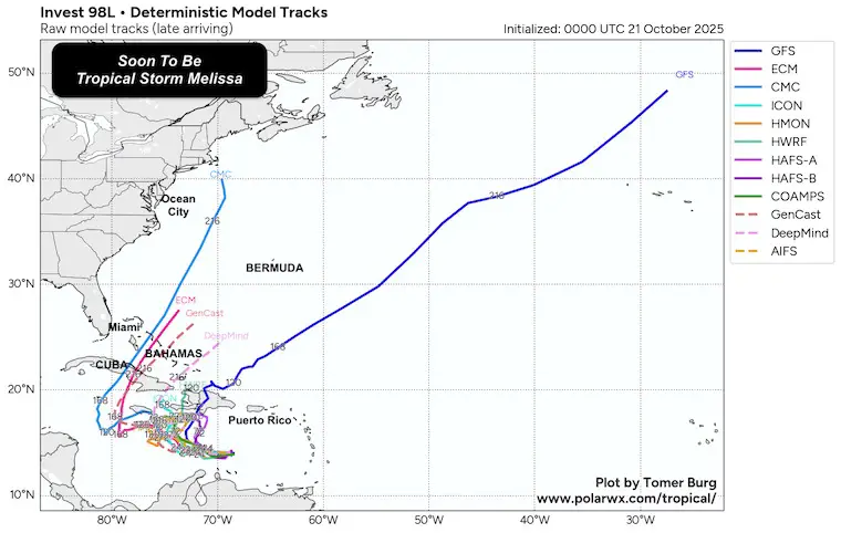 October 21 weather forecast Tropical Storm Melissa Model Ensemble