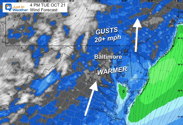 October 21 weather wind forecast Tuesday afternoon