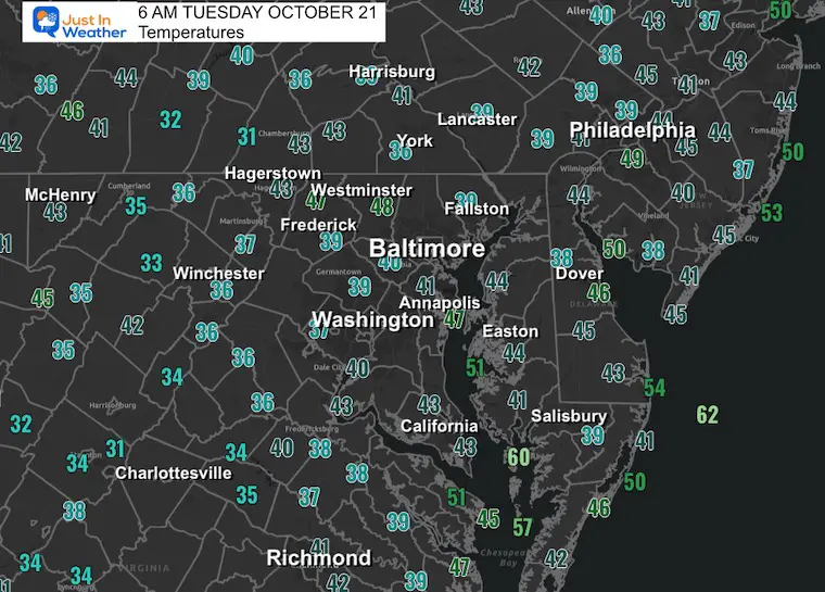October 21 weather temperatures Tuesday morning