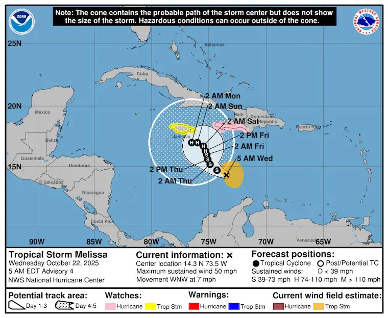 October 22 weather tropical storm Melissa forecast National Hurricane Center