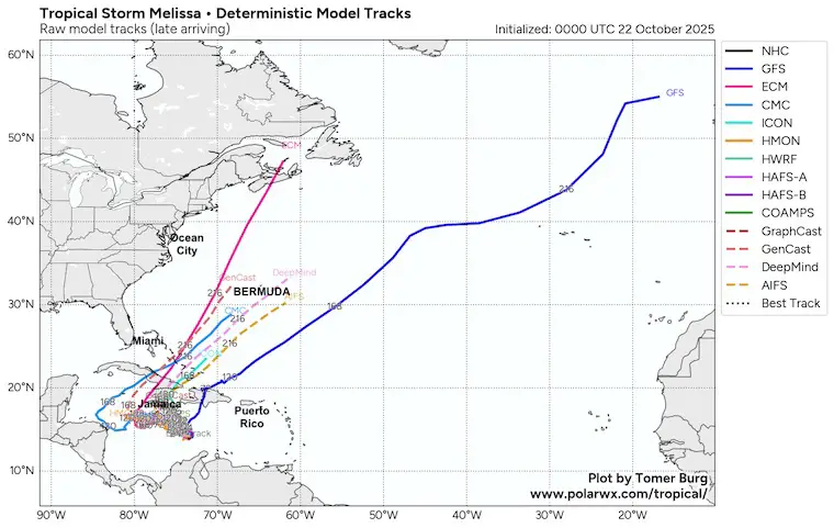 October 22 weather tropical storm Melissa forecast models