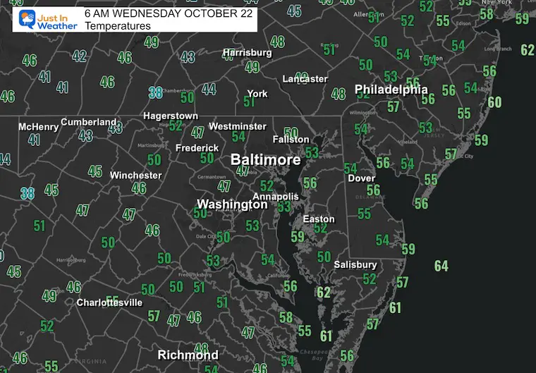 October 22 weather temperatures Wednesday morning