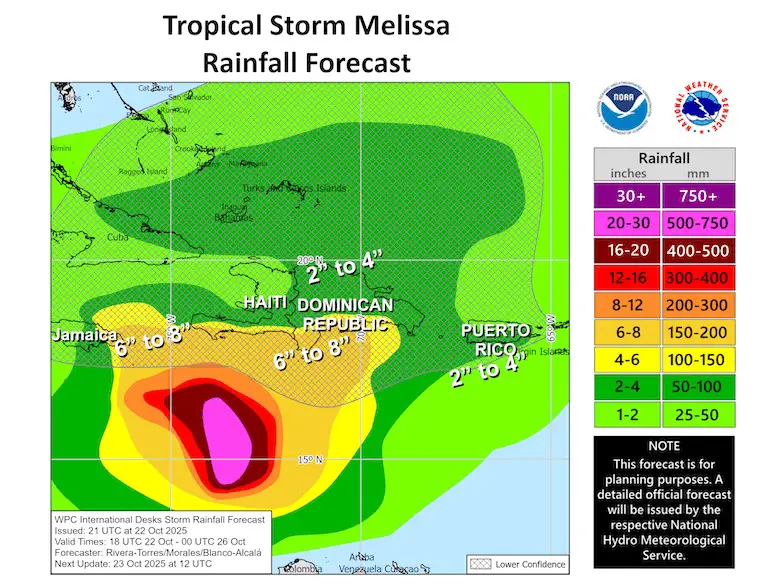 October 23 weather tropical storm Melissa forecast rainfall