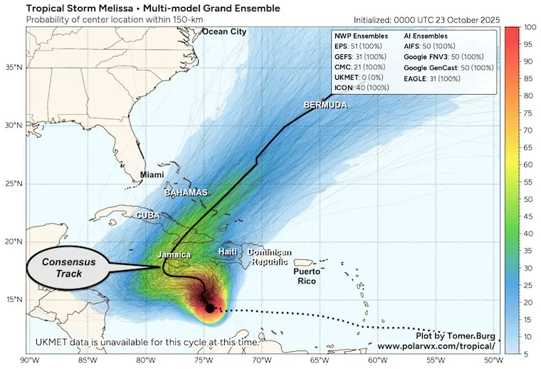 October 23 weather tropical storm Melissa forecast models