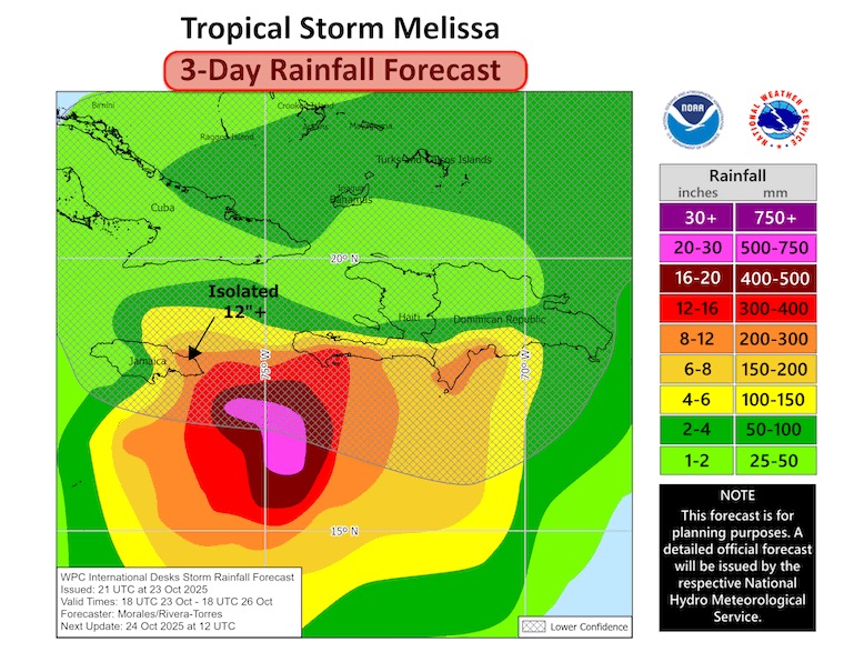 October 24 Tropical Storm Melissa rain forecast 3 days
