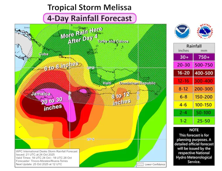 October 25 weather hurricane Melissa rainfall Jamaica forecast
