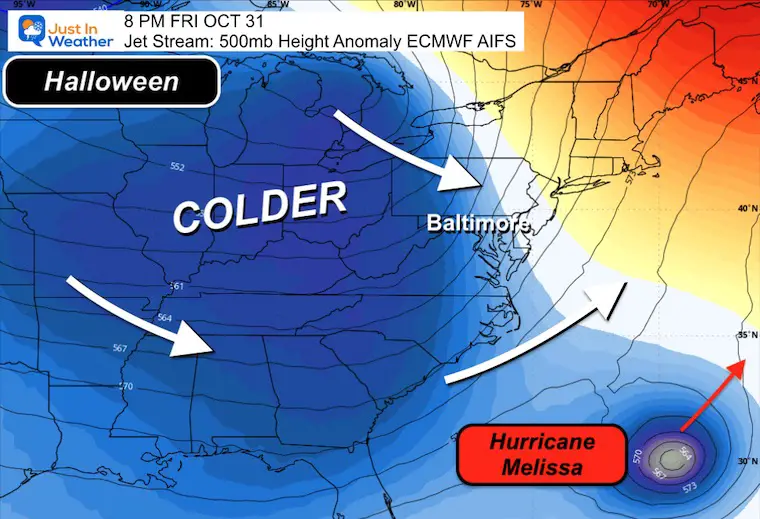 October 25 polar jet stream and Hurricane Melissa forecast Halloween