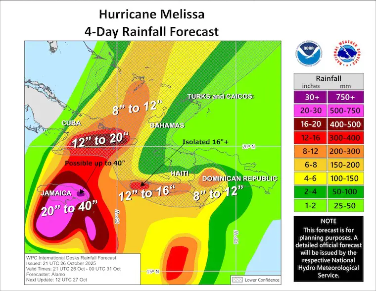 October 27 weather Hurricane Melissa rainfall Jamaica