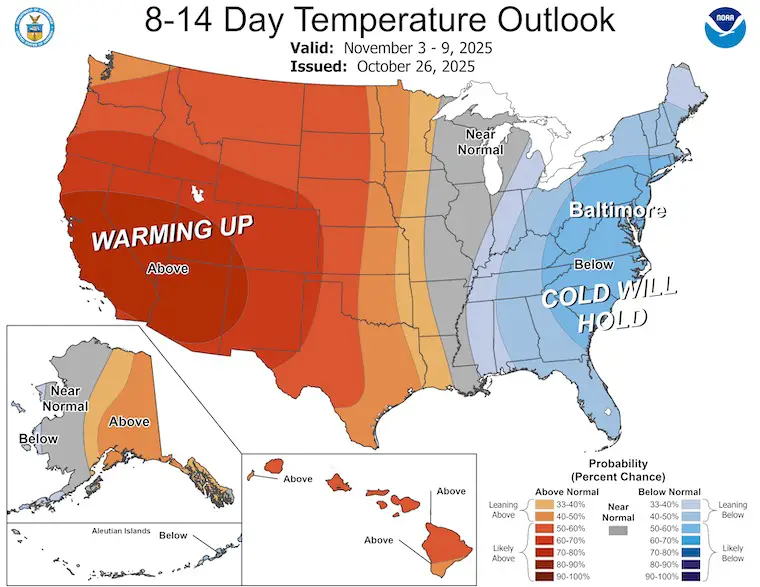 October 27 weather NOAA temperature outlook 14 days