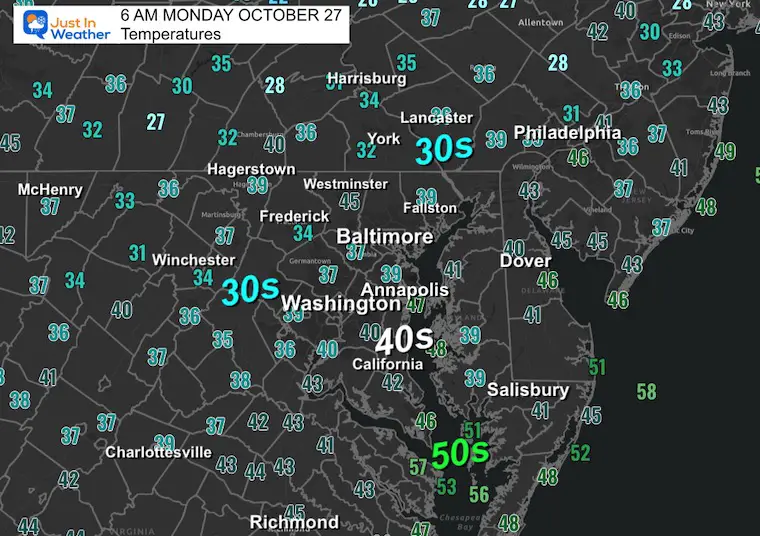 October 27 weather temperatures Monday morning