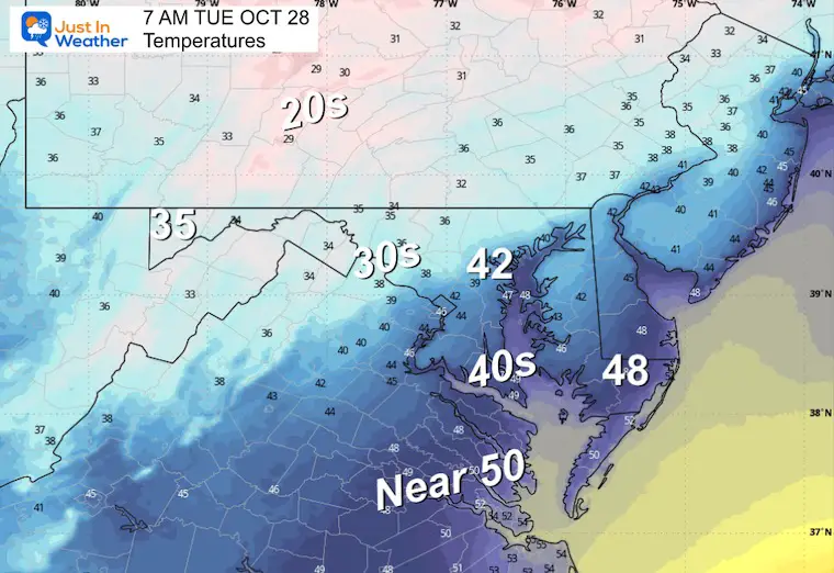 October 27 weather temperatures Tuesday morning