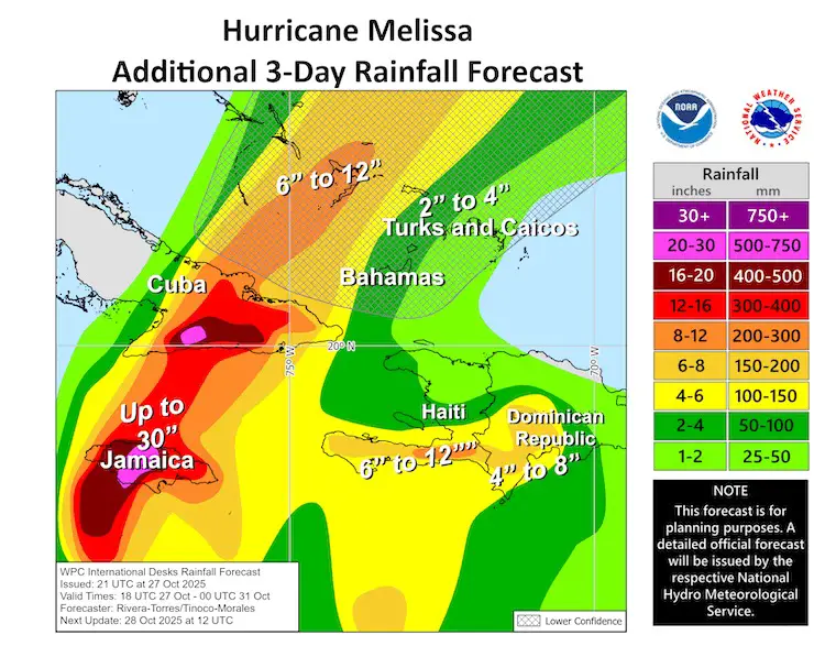 October 28 weather rain forecast hurricane Melissa