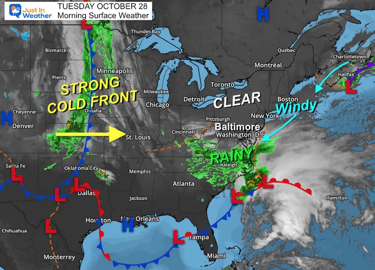 October 28 weather Tuesday morning map