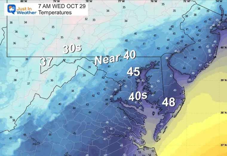 October 28 weather temperatures Wednesday Morning