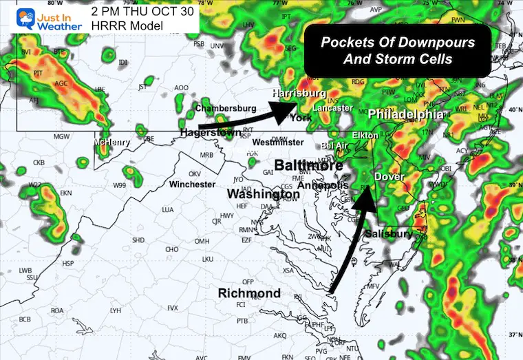 October 29 weather storm radar simulation Thursday 2 PM