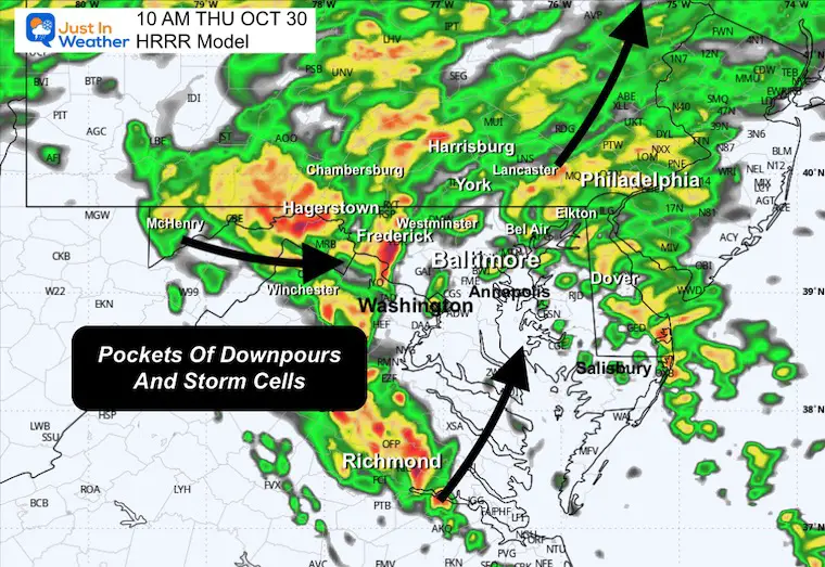 October 29 weather storm radar simulation Thursday morning 10 AM