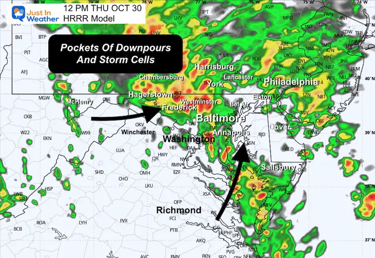 October 29 weather storm radar simulation Thursday noon