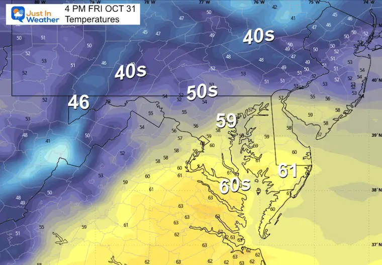 October 30 weather temperatures Friday afternoon