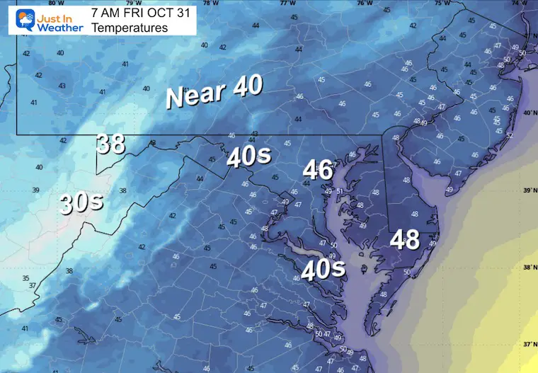October 30 weather temperatures Friday morning