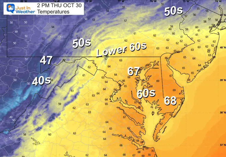 October 30 weather rain forecast temperatures Thursday afternoon