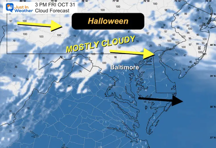 October 31 weather cloud forecast Halloween Friday afternoon
