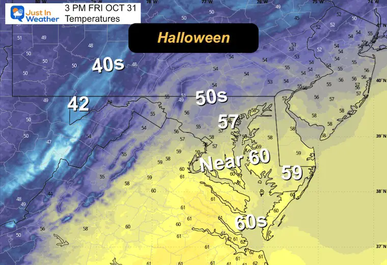 October 31 weather temperatures Halloween Friday afternoon