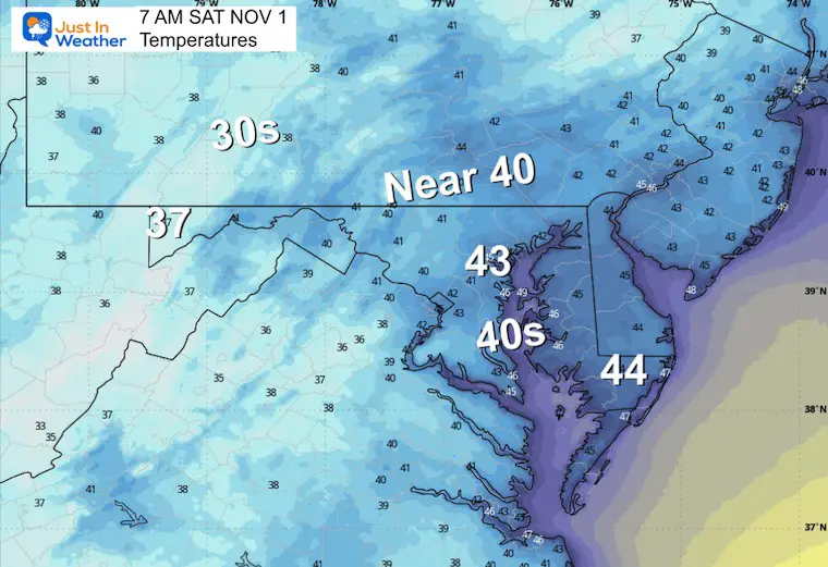 October 31 weather temperatures Halloween Saturday morning