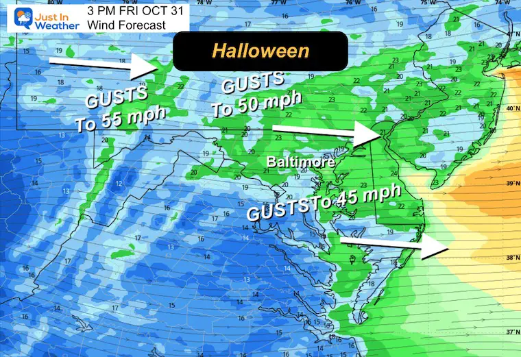 October 31 weather wind forecast Halloween Friday afternoon