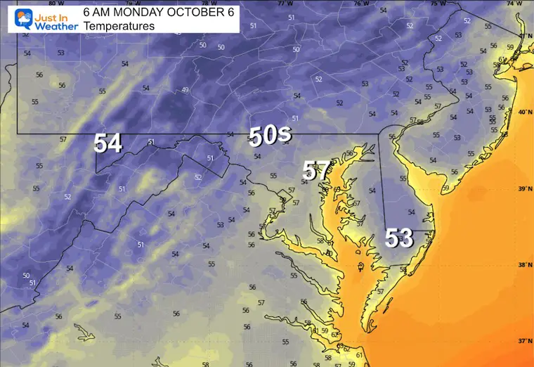 October 5 weather temperatures Monday morning