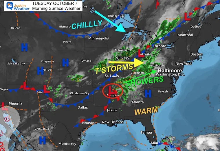 October 7 weather storm map Tuesday morning