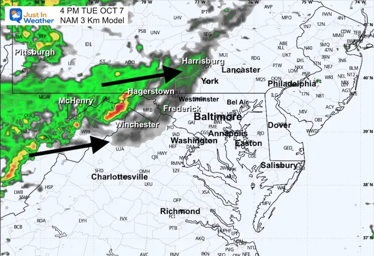 October 7 weather rain forecast radar Tuesday 4 PM