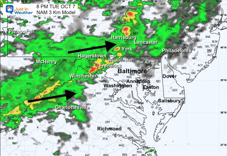 October 7 weather rain forecast radar Tuesday evening