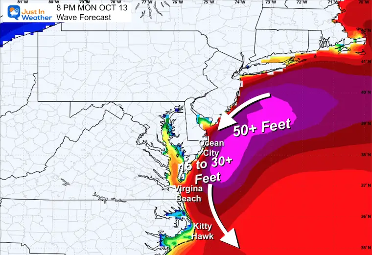 October 8 weather coastal storm Monday night waves