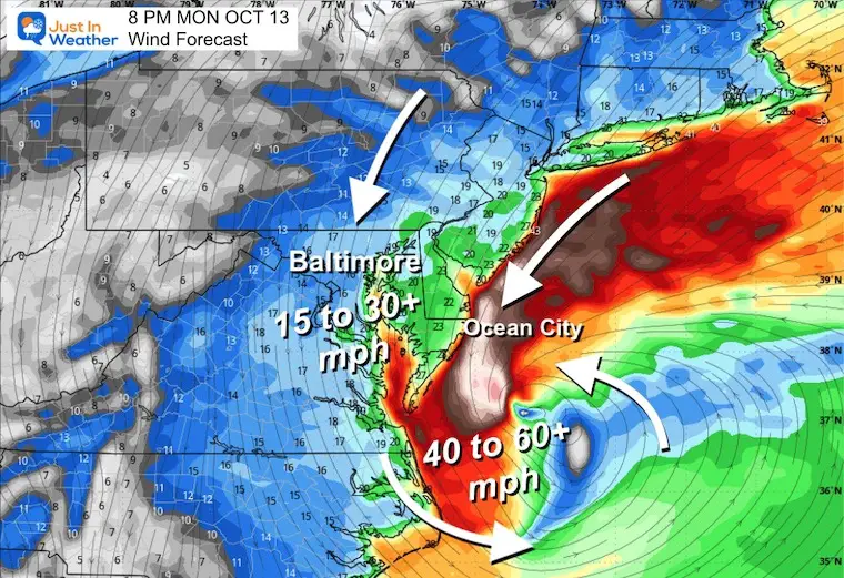 October 8 weather coastal storm Monday night wind