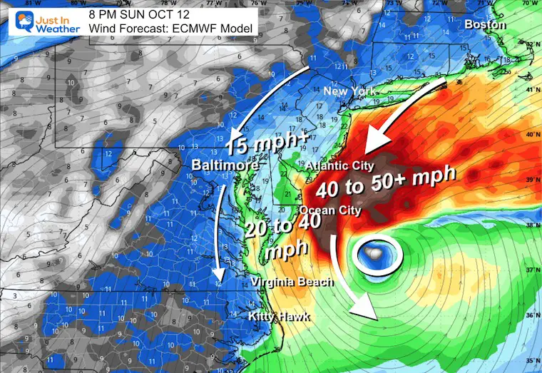 October 9 storm forecast wind Sunday night