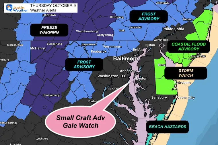 October 9 weather alerts frost freeze gale storm