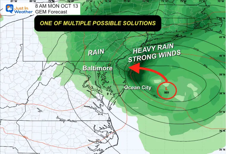October 9 weather coastal storm forecast Monday Morning