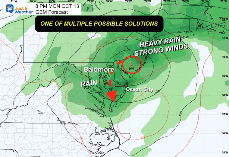 October 9 weather coastal storm forecast Monday night