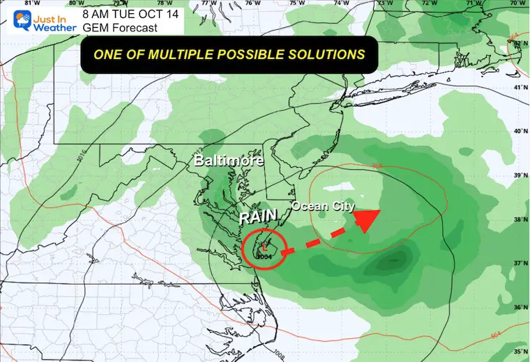 October 9 weather coastal storm forecast Tuesday