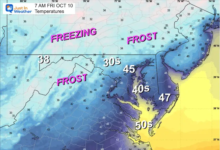 October 9 weather temperatures Friday morning