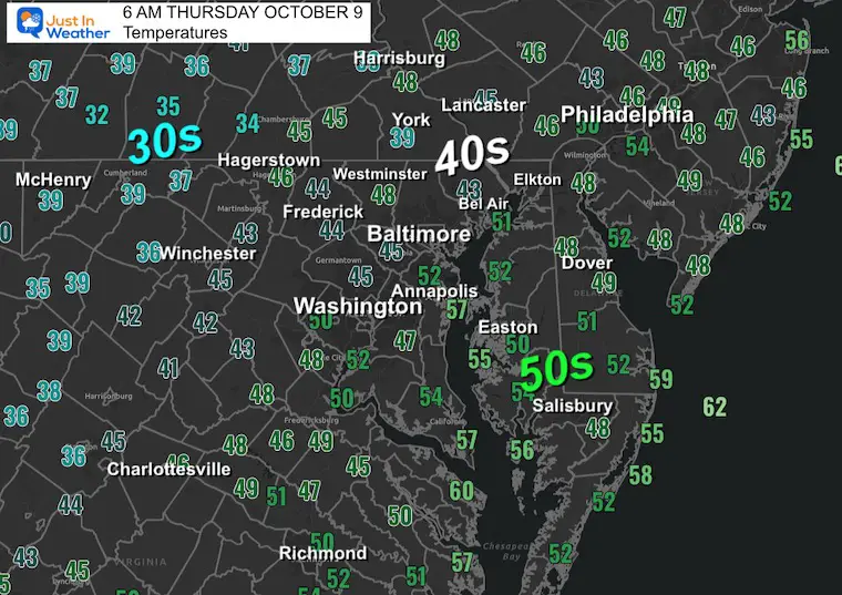 October 9 weather temperatures Thursday morning