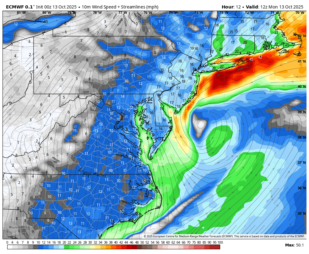 October 13 weather surface wind forecast