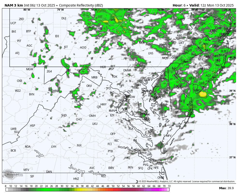 October 13 weather forecast rain radar Monday