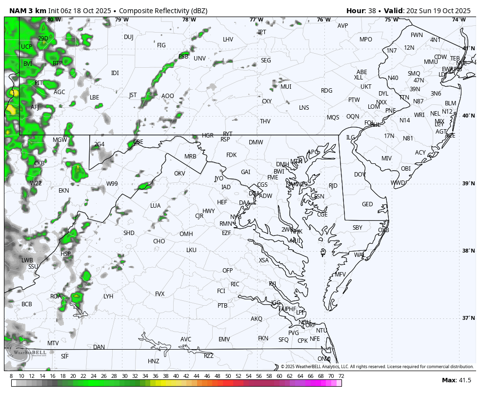October 18 weather forecast rain radar Sunday-Monday